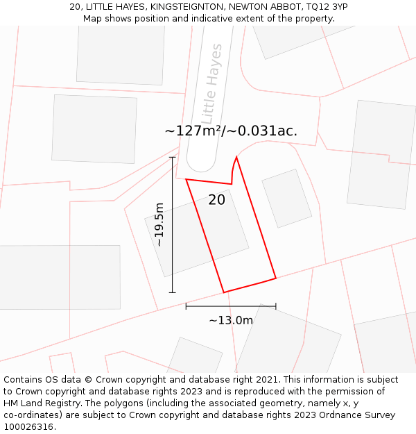 20, LITTLE HAYES, KINGSTEIGNTON, NEWTON ABBOT, TQ12 3YP: Plot and title map