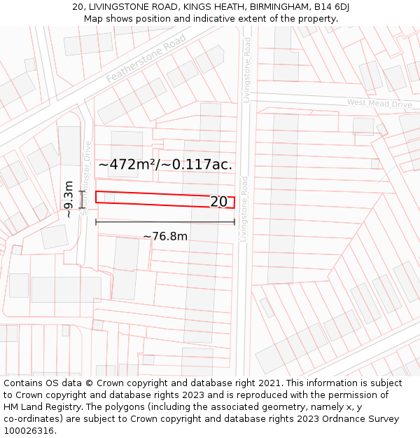 20, LIVINGSTONE ROAD, KINGS HEATH, BIRMINGHAM, B14 6DJ: Plot and title map