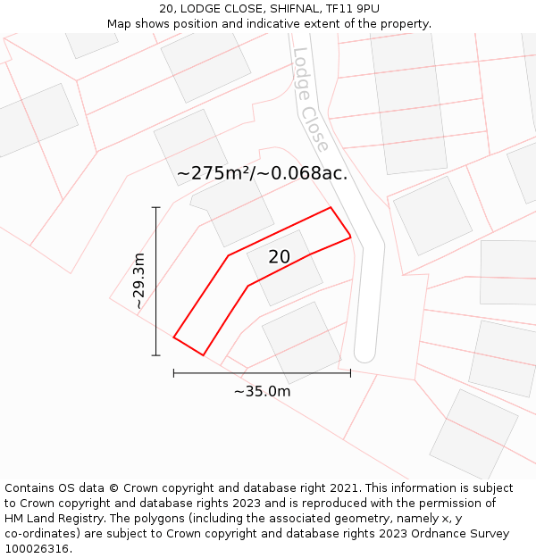 20, LODGE CLOSE, SHIFNAL, TF11 9PU: Plot and title map