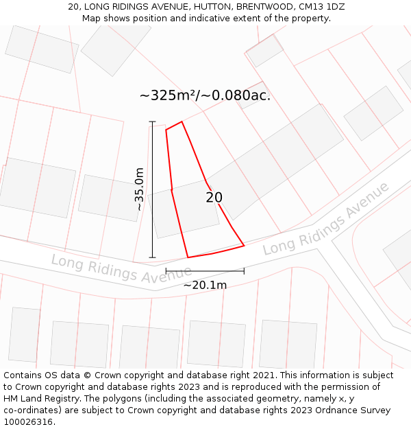 20, LONG RIDINGS AVENUE, HUTTON, BRENTWOOD, CM13 1DZ: Plot and title map