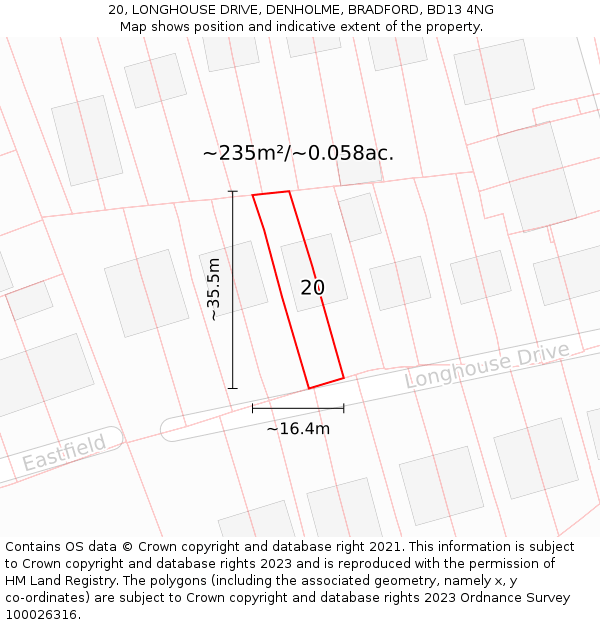 20, LONGHOUSE DRIVE, DENHOLME, BRADFORD, BD13 4NG: Plot and title map