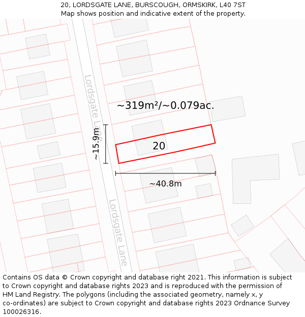 20, LORDSGATE LANE, BURSCOUGH, ORMSKIRK, L40 7ST: Plot and title map