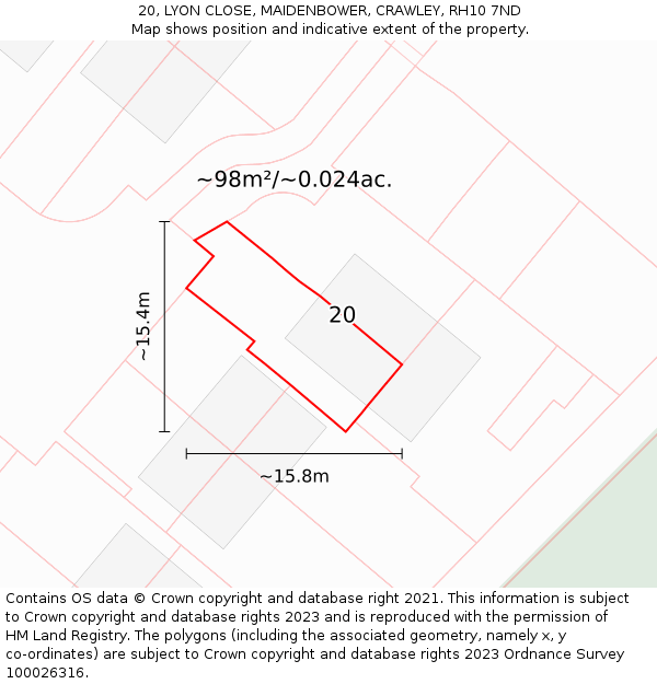 20, LYON CLOSE, MAIDENBOWER, CRAWLEY, RH10 7ND: Plot and title map