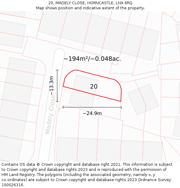 20, MADELY CLOSE, HORNCASTLE, LN9 6RQ: Plot and title map