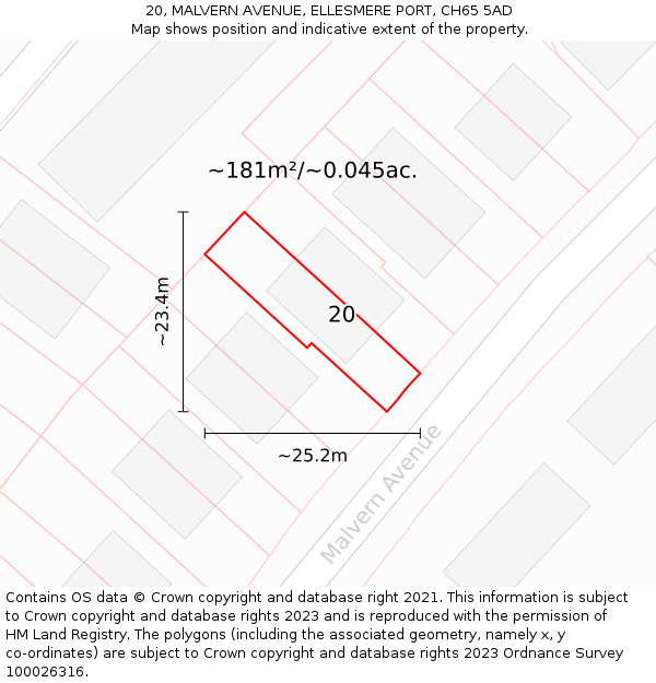 20, MALVERN AVENUE, ELLESMERE PORT, CH65 5AD: Plot and title map