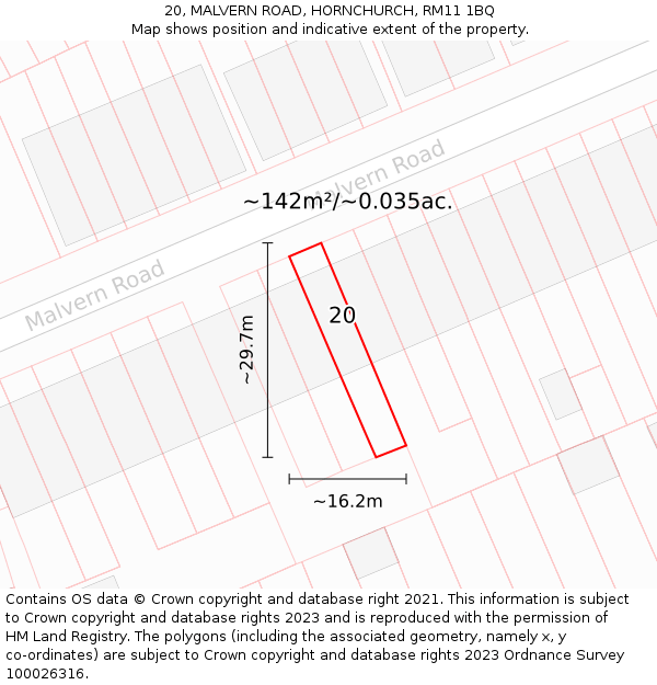 20, MALVERN ROAD, HORNCHURCH, RM11 1BQ: Plot and title map