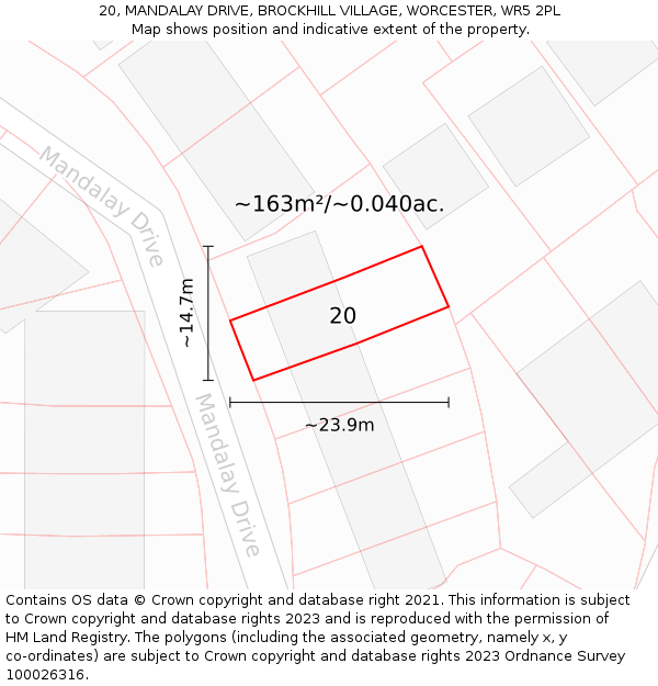 20, MANDALAY DRIVE, BROCKHILL VILLAGE, WORCESTER, WR5 2PL: Plot and title map