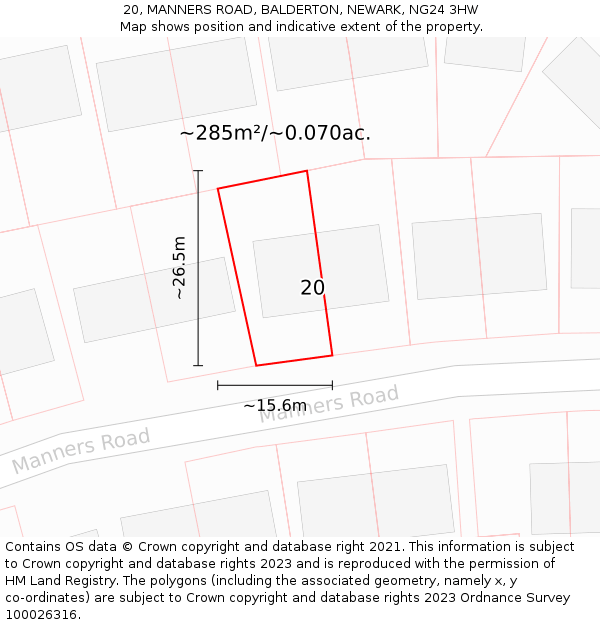 20, MANNERS ROAD, BALDERTON, NEWARK, NG24 3HW: Plot and title map