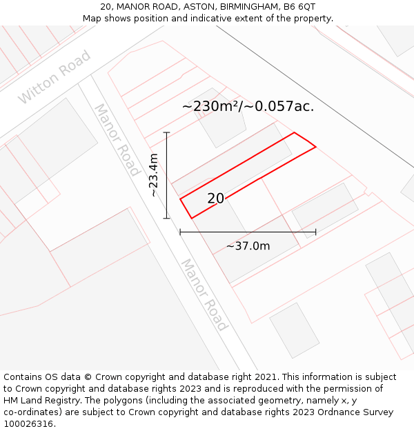 20, MANOR ROAD, ASTON, BIRMINGHAM, B6 6QT: Plot and title map