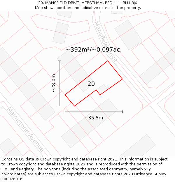 20, MANSFIELD DRIVE, MERSTHAM, REDHILL, RH1 3JX: Plot and title map