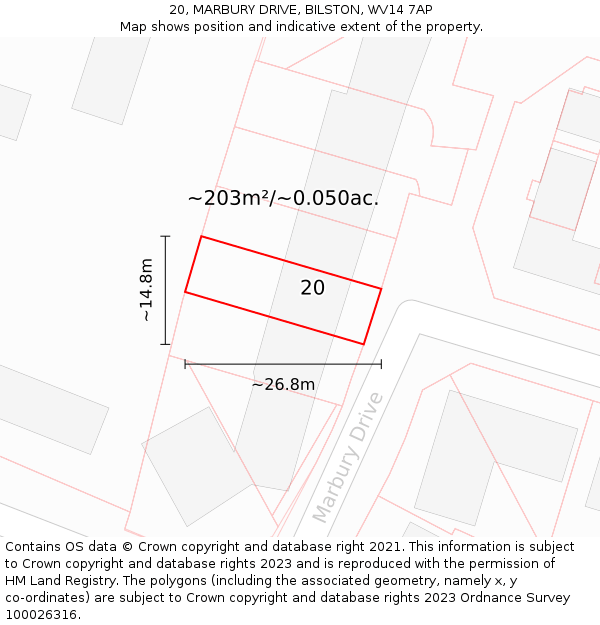 20, MARBURY DRIVE, BILSTON, WV14 7AP: Plot and title map