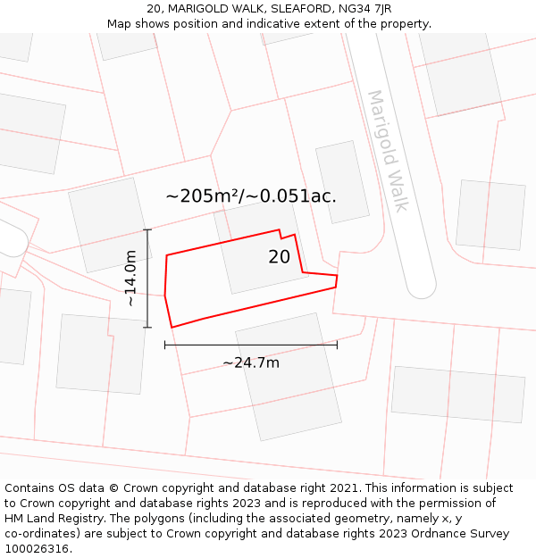 20, MARIGOLD WALK, SLEAFORD, NG34 7JR: Plot and title map