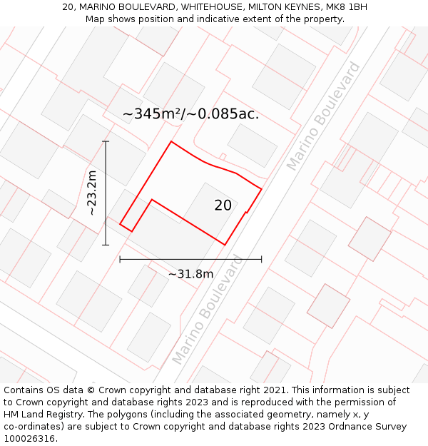 20, MARINO BOULEVARD, WHITEHOUSE, MILTON KEYNES, MK8 1BH: Plot and title map