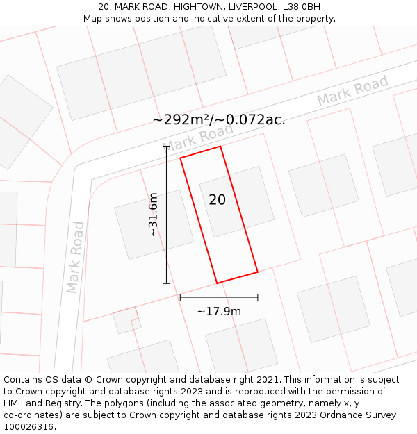 20, MARK ROAD, HIGHTOWN, LIVERPOOL, L38 0BH: Plot and title map