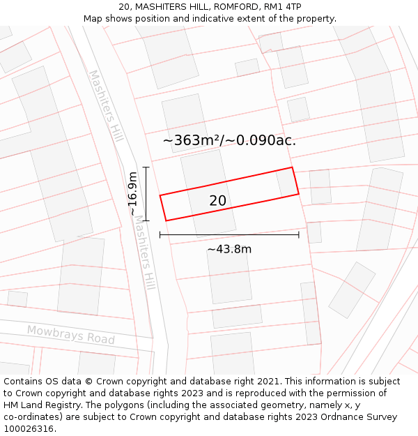 20, MASHITERS HILL, ROMFORD, RM1 4TP: Plot and title map