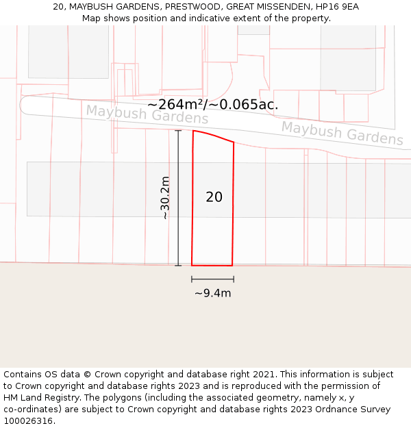 20, MAYBUSH GARDENS, PRESTWOOD, GREAT MISSENDEN, HP16 9EA: Plot and title map