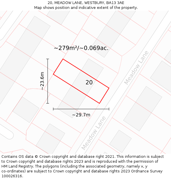 20, MEADOW LANE, WESTBURY, BA13 3AE: Plot and title map