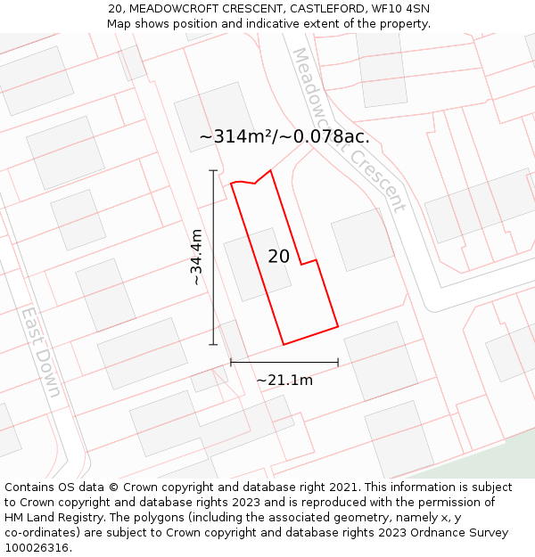 20, MEADOWCROFT CRESCENT, CASTLEFORD, WF10 4SN: Plot and title map