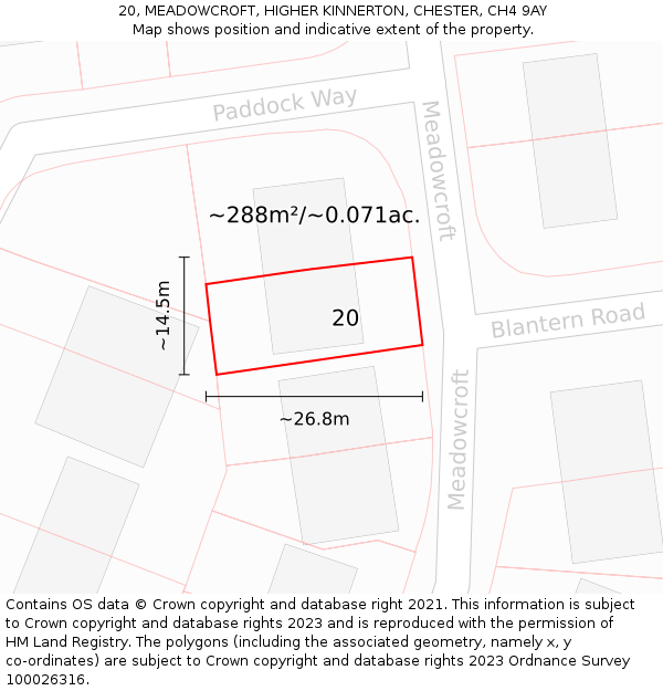 20, MEADOWCROFT, HIGHER KINNERTON, CHESTER, CH4 9AY: Plot and title map