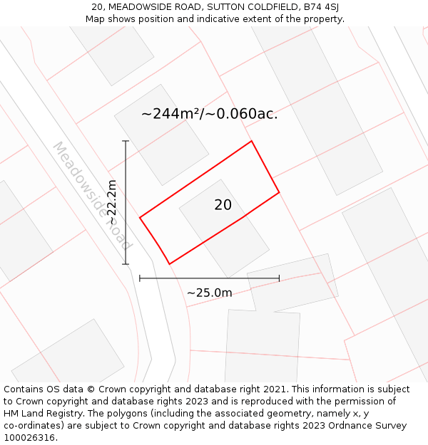 20, MEADOWSIDE ROAD, SUTTON COLDFIELD, B74 4SJ: Plot and title map