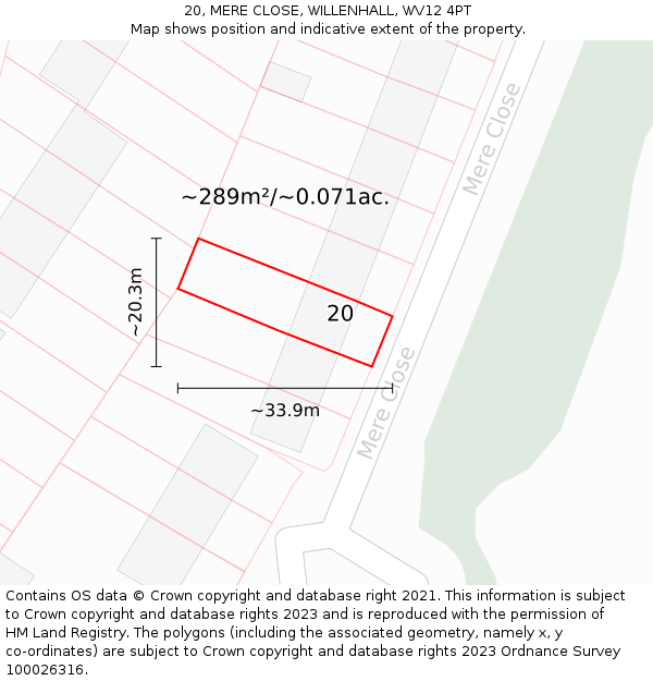 20, MERE CLOSE, WILLENHALL, WV12 4PT: Plot and title map