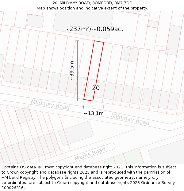 20, MILDMAY ROAD, ROMFORD, RM7 7DD: Plot and title map