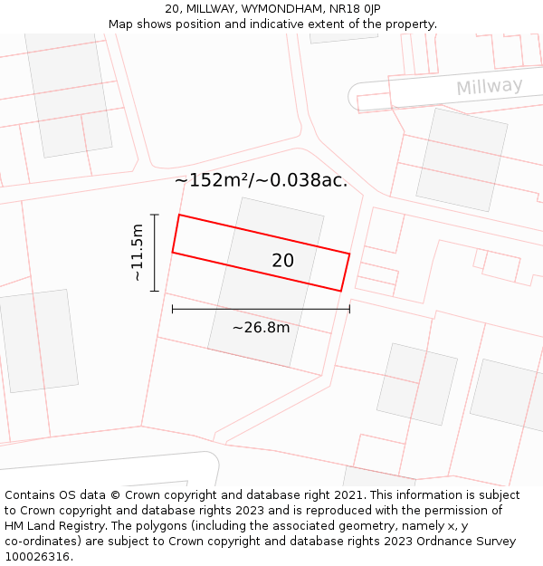 20, MILLWAY, WYMONDHAM, NR18 0JP: Plot and title map