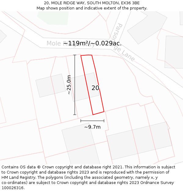 20, MOLE RIDGE WAY, SOUTH MOLTON, EX36 3BE: Plot and title map