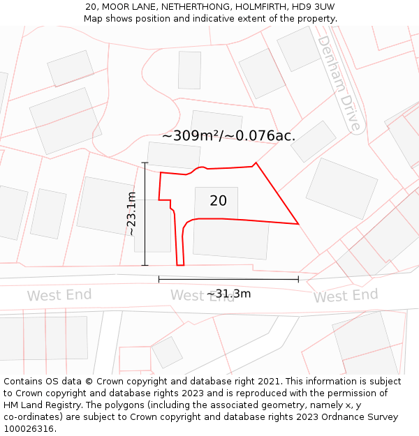 20, MOOR LANE, NETHERTHONG, HOLMFIRTH, HD9 3UW: Plot and title map