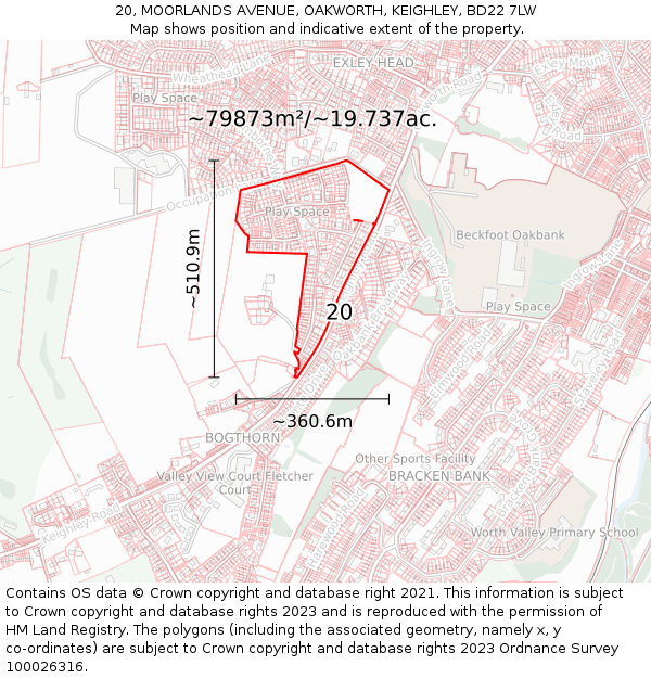 20, MOORLANDS AVENUE, OAKWORTH, KEIGHLEY, BD22 7LW: Plot and title map