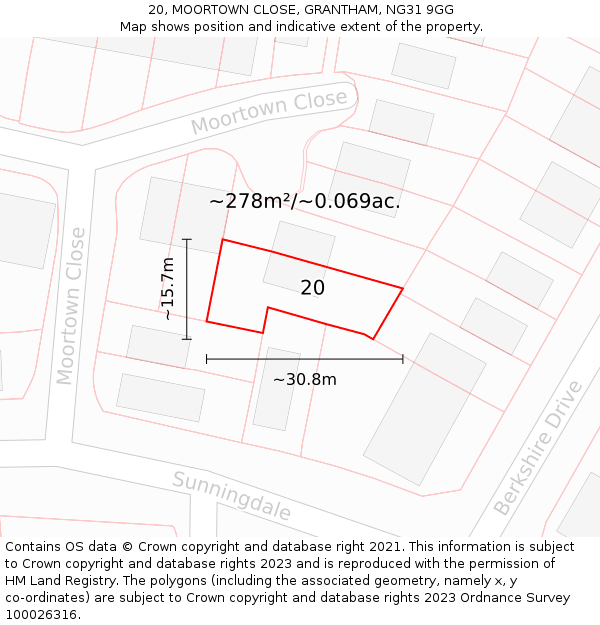 20, MOORTOWN CLOSE, GRANTHAM, NG31 9GG: Plot and title map