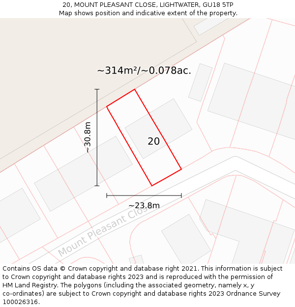 20, MOUNT PLEASANT CLOSE, LIGHTWATER, GU18 5TP: Plot and title map