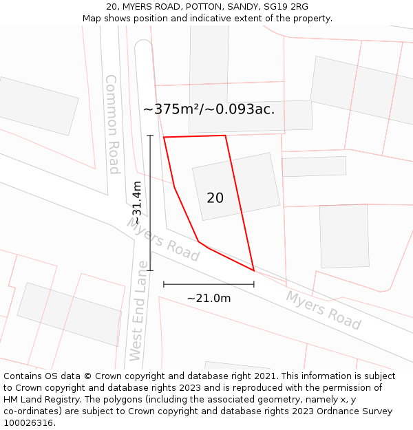 20, MYERS ROAD, POTTON, SANDY, SG19 2RG: Plot and title map