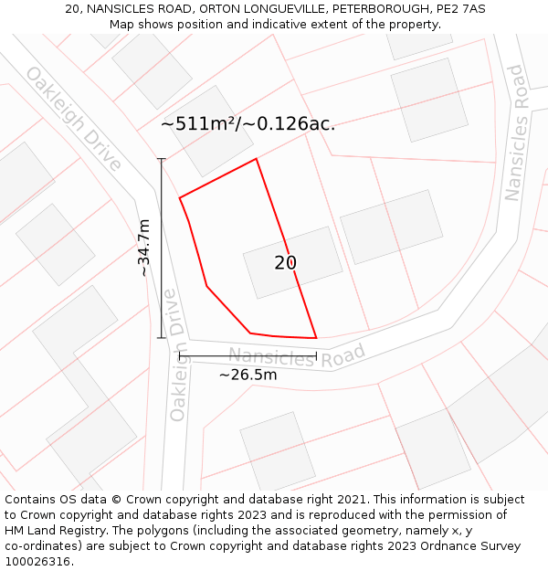 20, NANSICLES ROAD, ORTON LONGUEVILLE, PETERBOROUGH, PE2 7AS: Plot and title map