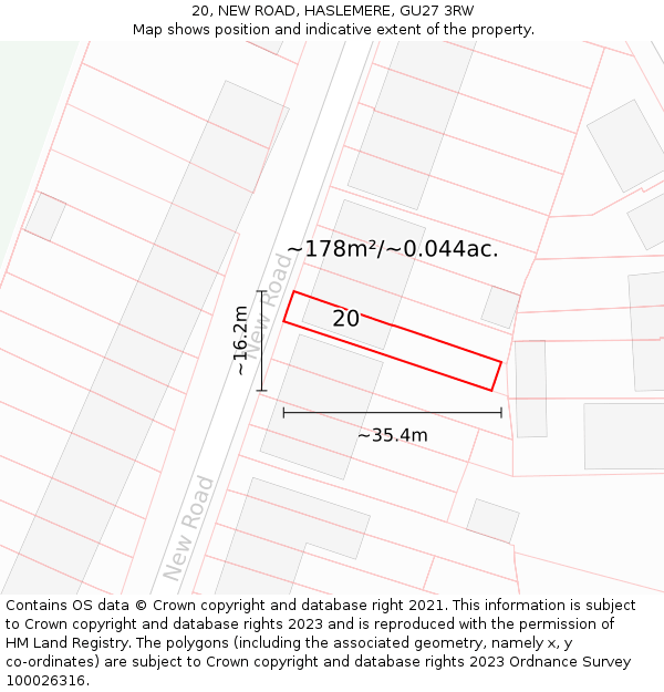20, NEW ROAD, HASLEMERE, GU27 3RW: Plot and title map