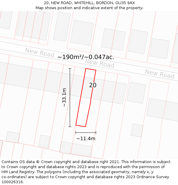 20, NEW ROAD, WHITEHILL, BORDON, GU35 9AX: Plot and title map