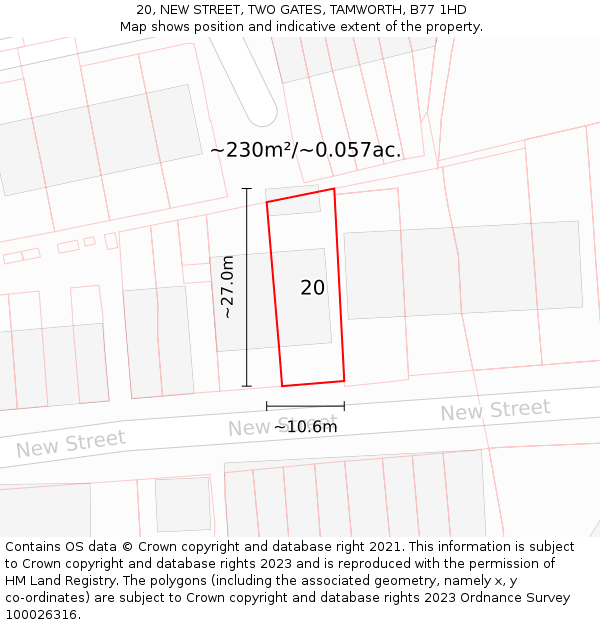 20, NEW STREET, TWO GATES, TAMWORTH, B77 1HD: Plot and title map