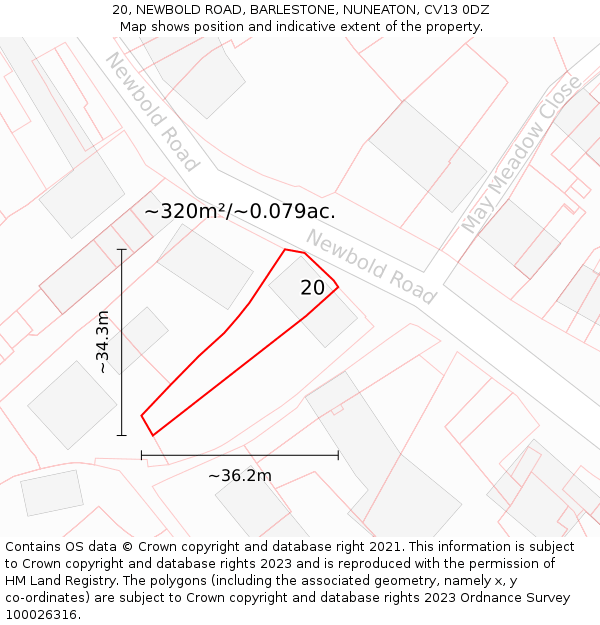 20, NEWBOLD ROAD, BARLESTONE, NUNEATON, CV13 0DZ: Plot and title map