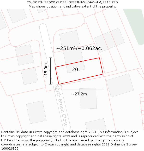 20, NORTH BROOK CLOSE, GREETHAM, OAKHAM, LE15 7SD: Plot and title map