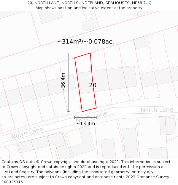 20, NORTH LANE, NORTH SUNDERLAND, SEAHOUSES, NE68 7UQ: Plot and title map