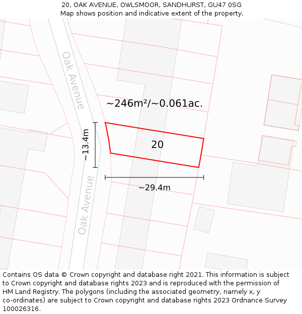 20, OAK AVENUE, OWLSMOOR, SANDHURST, GU47 0SG: Plot and title map