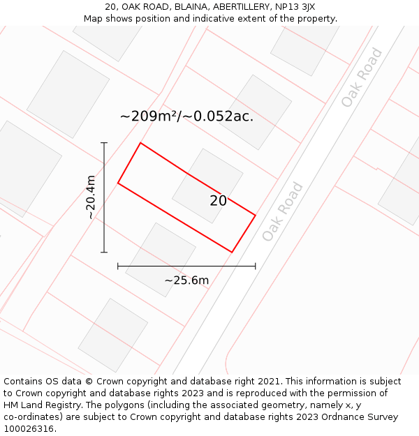 20, OAK ROAD, BLAINA, ABERTILLERY, NP13 3JX: Plot and title map