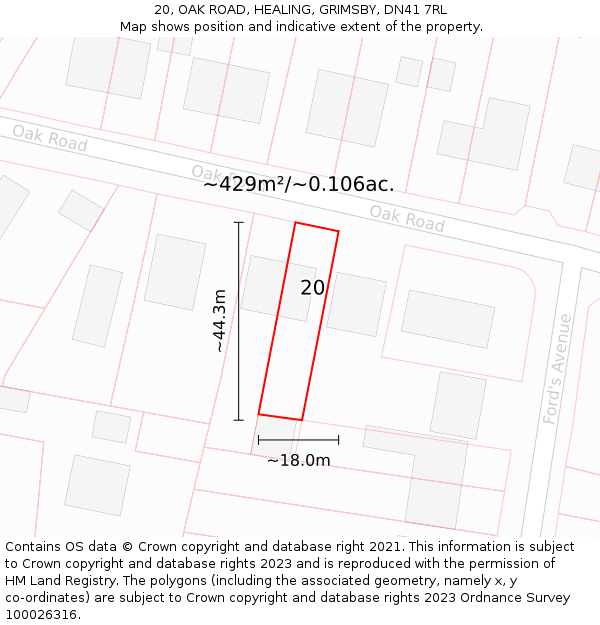 20, OAK ROAD, HEALING, GRIMSBY, DN41 7RL: Plot and title map