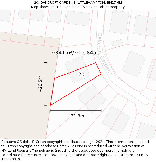 20, OAKCROFT GARDENS, LITTLEHAMPTON, BN17 6LT: Plot and title map