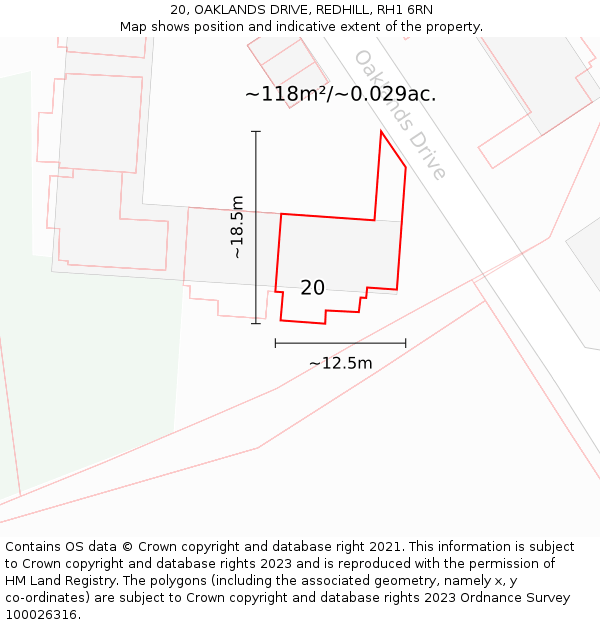 20, OAKLANDS DRIVE, REDHILL, RH1 6RN: Plot and title map