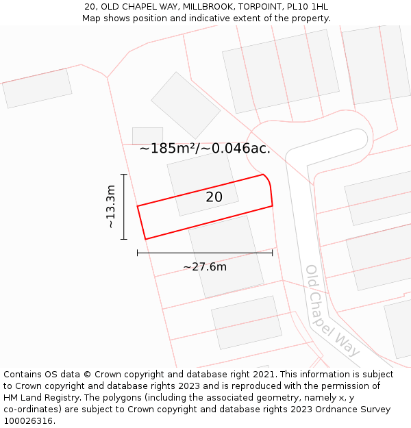 20, OLD CHAPEL WAY, MILLBROOK, TORPOINT, PL10 1HL: Plot and title map