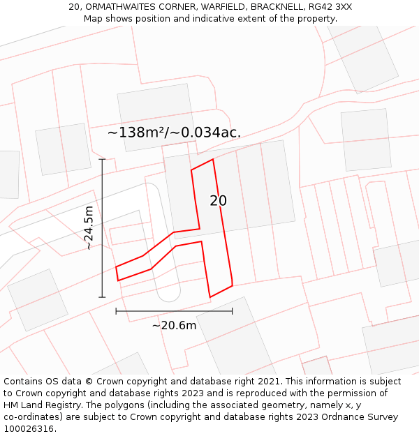 20, ORMATHWAITES CORNER, WARFIELD, BRACKNELL, RG42 3XX: Plot and title map