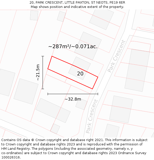 20, PARK CRESCENT, LITTLE PAXTON, ST NEOTS, PE19 6ER: Plot and title map