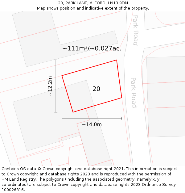 20, PARK LANE, ALFORD, LN13 9DN: Plot and title map