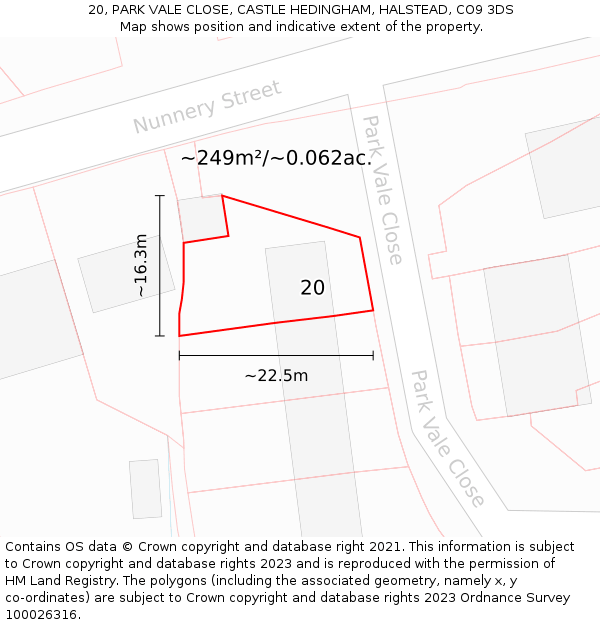 20, PARK VALE CLOSE, CASTLE HEDINGHAM, HALSTEAD, CO9 3DS: Plot and title map